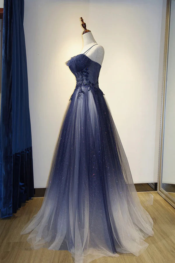 Spaghetti Strap Gradient Tulle Long Formal Dress Blue Evening Party Dress