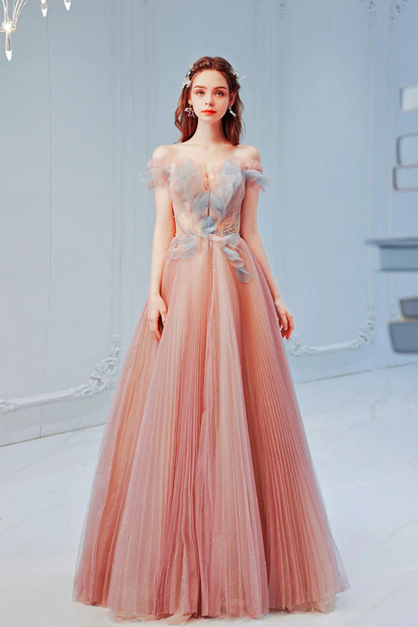 Pink Off the Shoulder Tulle Long Party Dress Cute A-Line Prom Dress