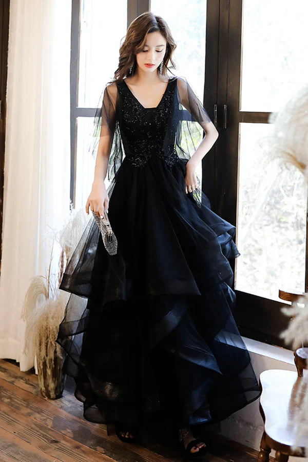 Black V-Neck Tulle Layers Long Formal Dress A-Line Black Party Dress