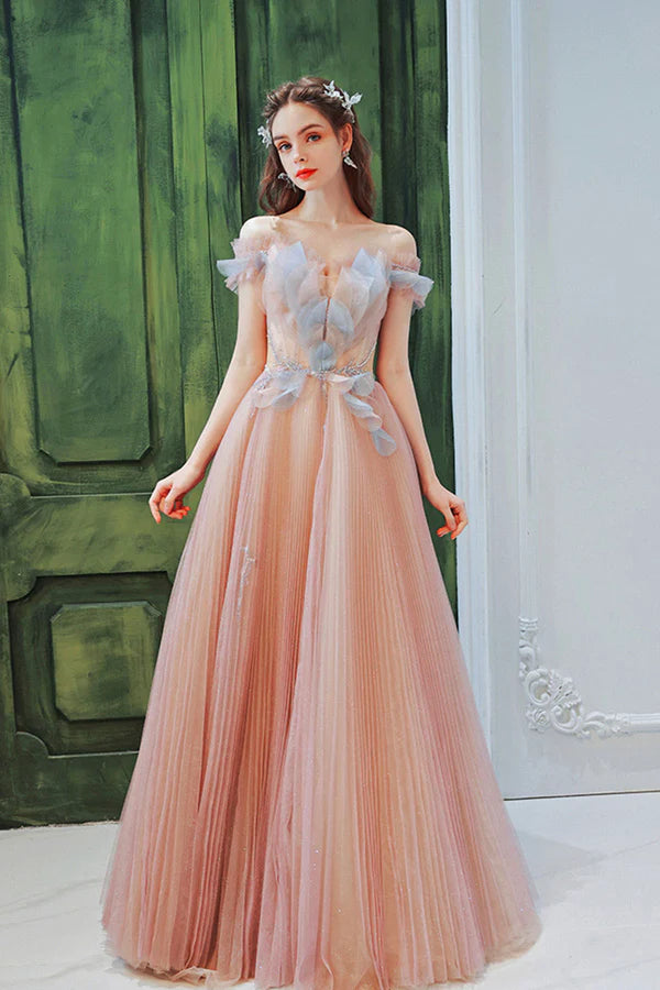 Pink Off the Shoulder Tulle Long Party Dress Cute A-Line Prom Dress