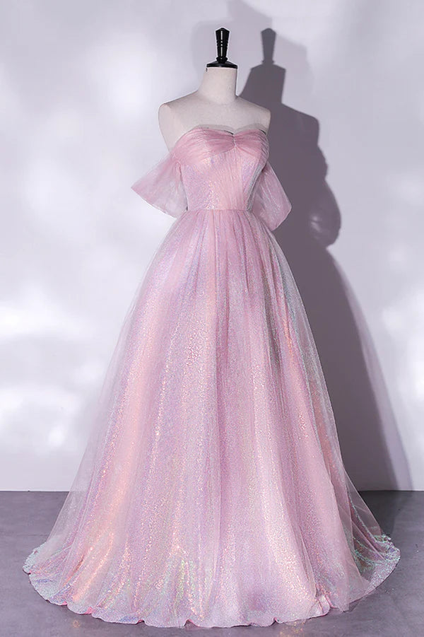 Pink Sequins Long A-Line Prom Dress Off the Shoulder Evening Party Dress