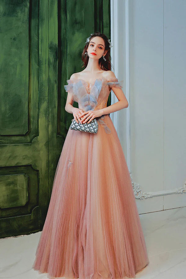 Pink Off the Shoulder Tulle Long Party Dress Cute A-Line Prom Dress
