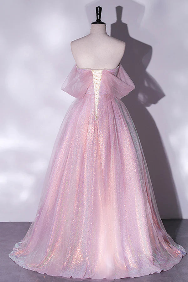 Pink Sequins Long A-Line Prom Dress Off the Shoulder Evening Party Dress