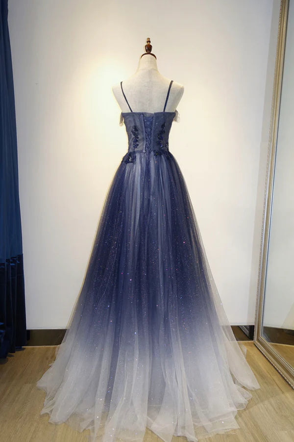 Spaghetti Strap Gradient Tulle Long Formal Dress Blue Evening Party Dress