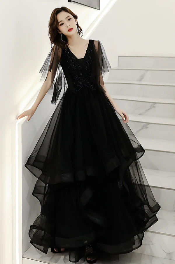 Black V-Neck Tulle Layers Long Formal Dress A-Line Black Party Dress