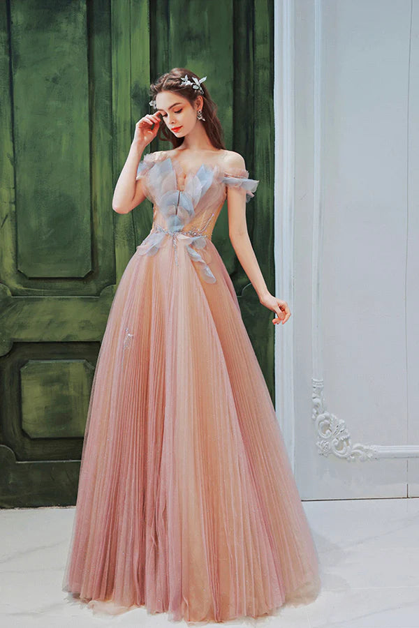 Pink Off the Shoulder Tulle Long Party Dress Cute A-Line Prom Dress