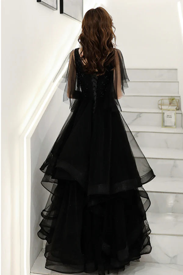 Black V-Neck Tulle Layers Long Formal Dress A-Line Black Party Dress