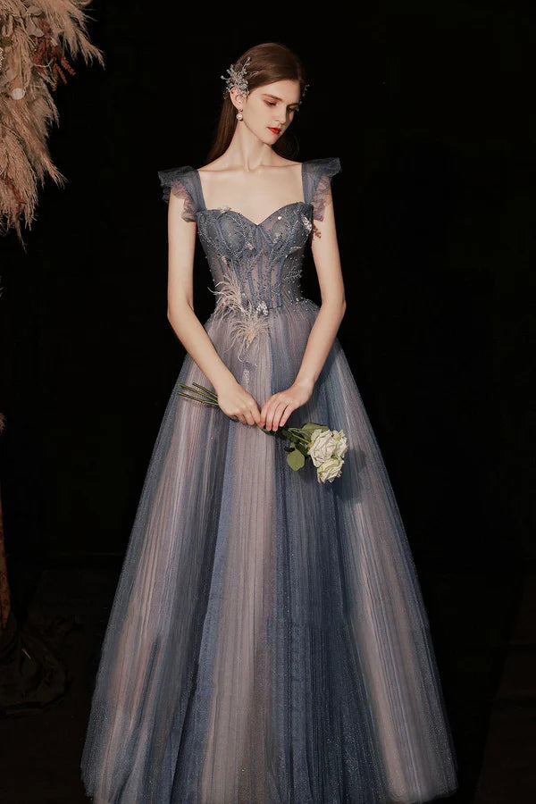 Blue Sweetheart Neckline Tulle Long Formal Dresses A-Line Prom Dresses