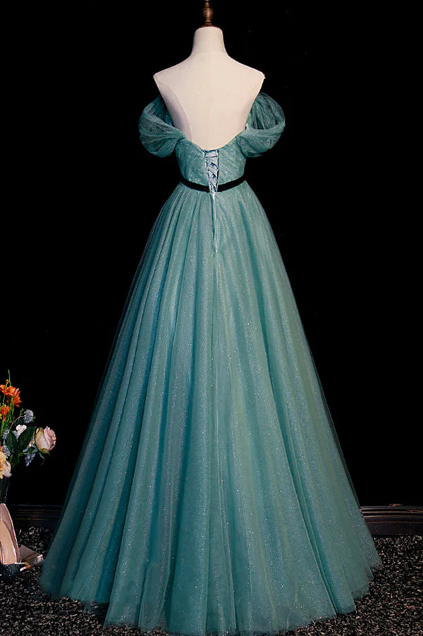 Green Tulle A-Line Off Shoulder Party Dress Simple Long Prom Dress