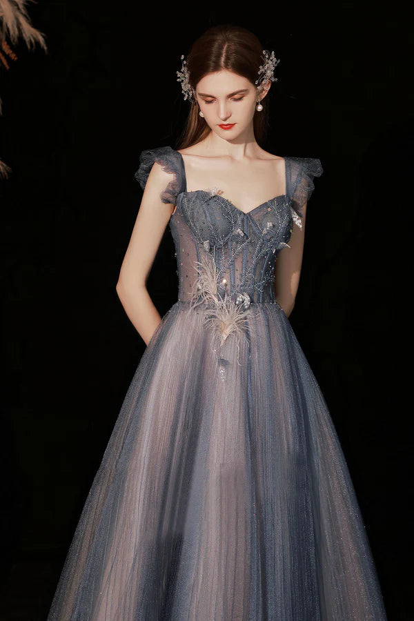 Blue Sweetheart Neckline Tulle Long Formal Dresses A-Line Prom Dresses