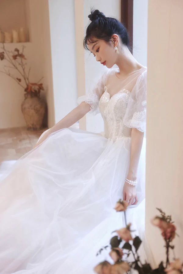 White Puff Sleeves Tulle Party Dress A-Line Lace Scoop Neckline Evening Dress