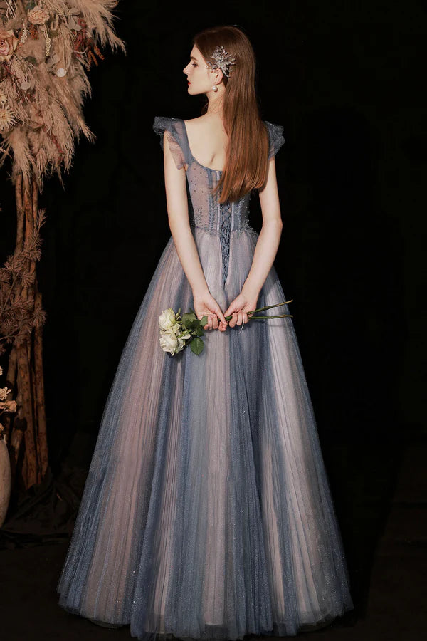 Blue Sweetheart Neckline Tulle Long Formal Dresses A-Line Prom Dresses