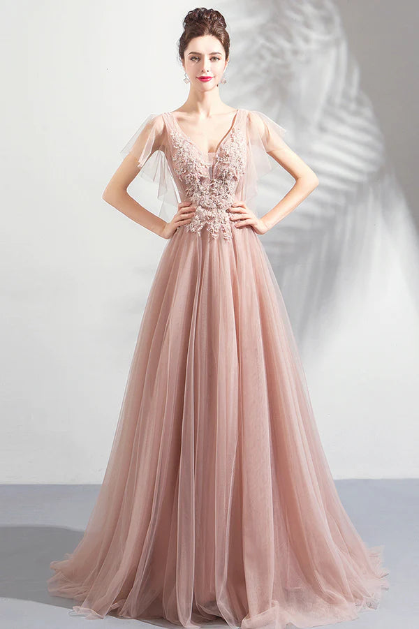 Pink V-Neck Lace Long Prom Dress Pink Evening Party Dress