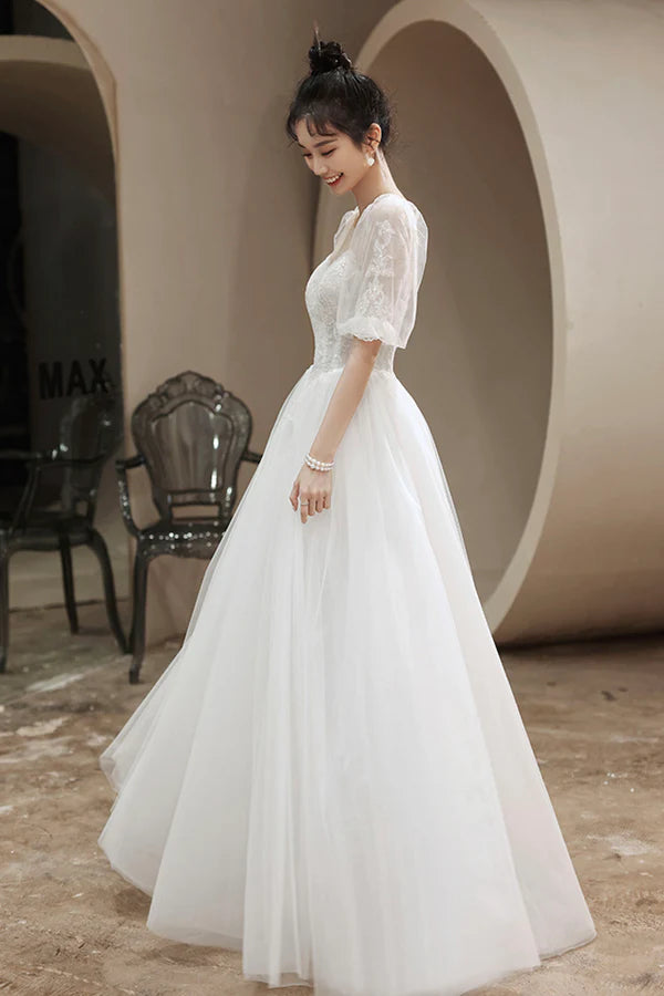 White Puff Sleeves Tulle Party Dress A-Line Lace Scoop Neckline Evening Dress