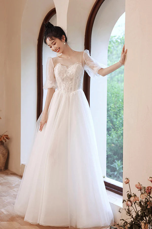 White Puff Sleeves Tulle Party Dress A-Line Lace Scoop Neckline Evening Dress