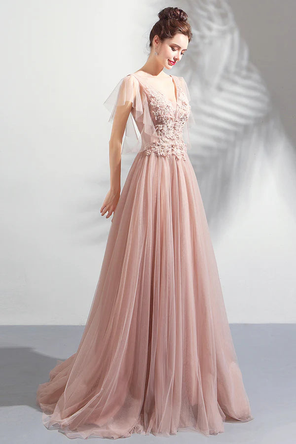 Pink V-Neck Lace Long Prom Dress Pink Evening Party Dress