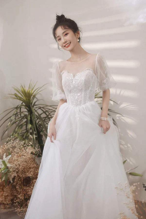 White Puff Sleeves Tulle Party Dress A-Line Lace Scoop Neckline Evening Dress