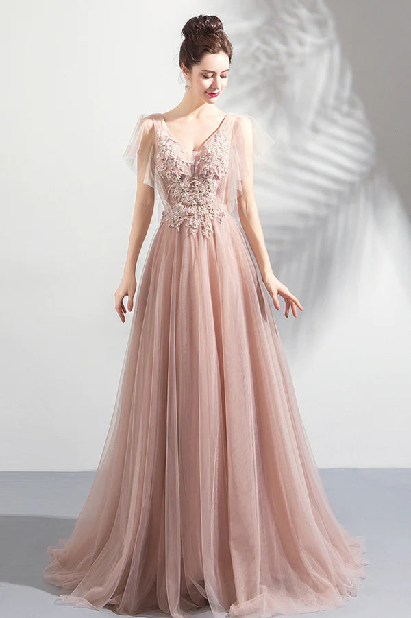 Pink V-Neck Lace Long Prom Dress Pink Evening Party Dress