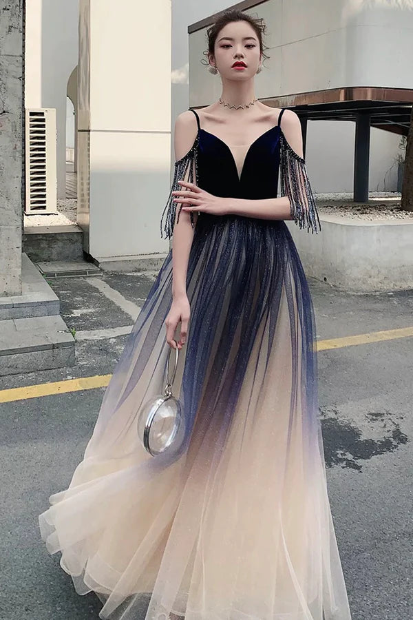 Blue Spaghetti Strap Gradient Long Formal Dress A-Line V-Neck Prom Dress