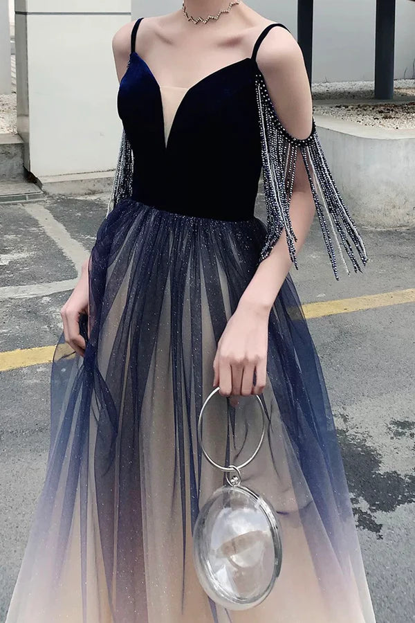 Blue Spaghetti Strap Gradient Long Formal Dress A-Line V-Neck Prom Dress