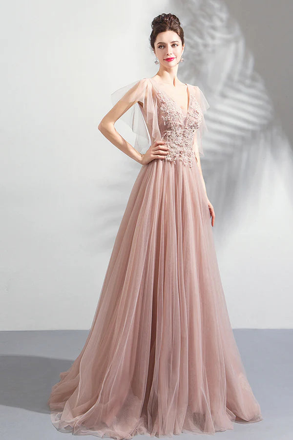 Pink V-Neck Lace Long Prom Dress Pink Evening Party Dress