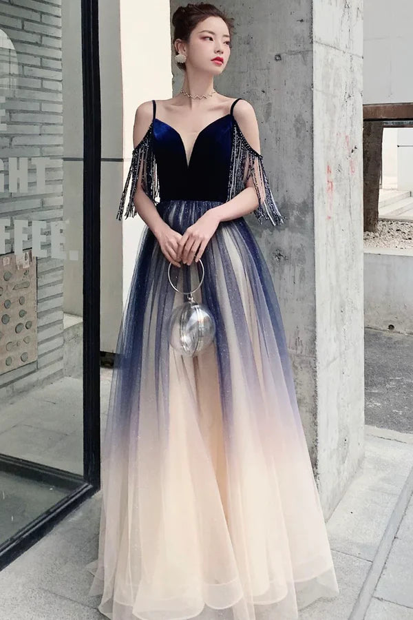 Blue Spaghetti Strap Gradient Long Formal Dress A-Line V-Neck Prom Dress
