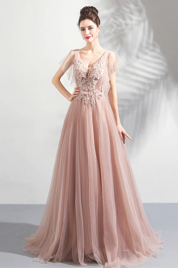 Pink V-Neck Lace Long Prom Dress Pink Evening Party Dress