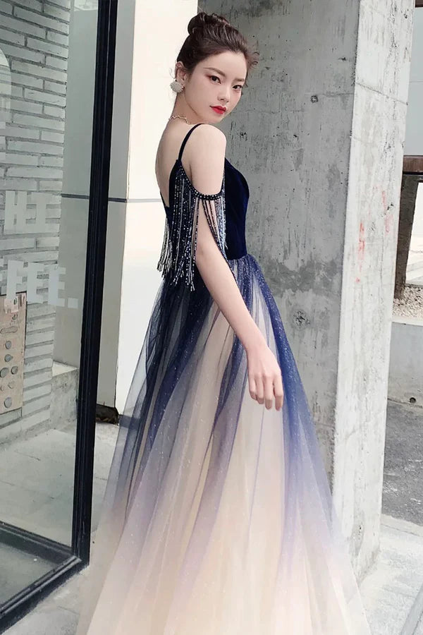Blue Spaghetti Strap Gradient Long Formal Dress A-Line V-Neck Prom Dress