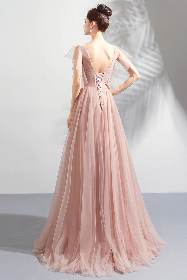 Pink V-Neck Lace Long Prom Dress Pink Evening Party Dress