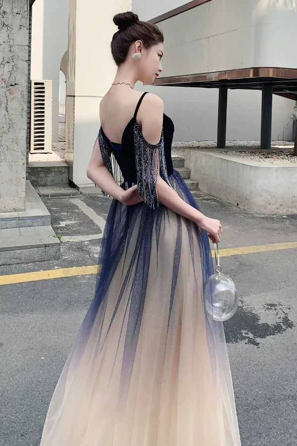 Blue Spaghetti Strap Gradient Long Formal Dress A-Line V-Neck Prom Dress