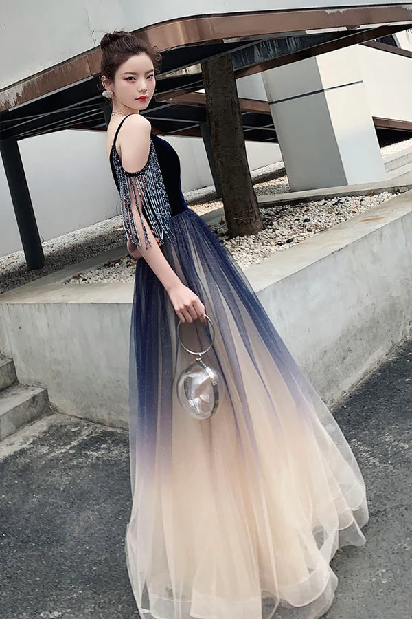 Blue Spaghetti Strap Gradient Long Formal Dress A-Line V-Neck Prom Dress