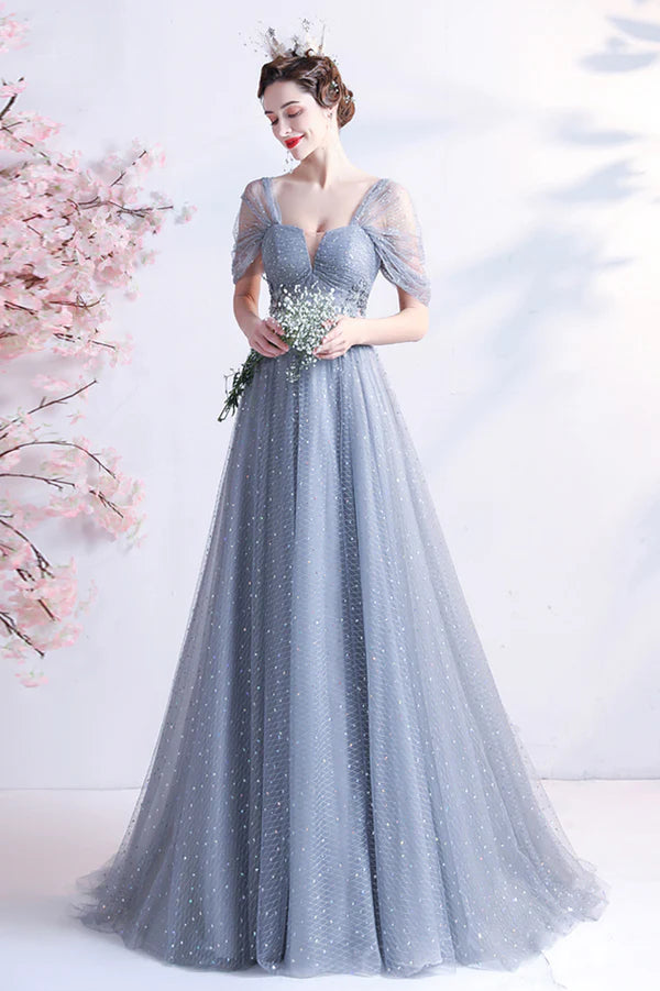 Elegant Gray Tulle Long Prom Dress Off the Shoulder Formal Evening Dress