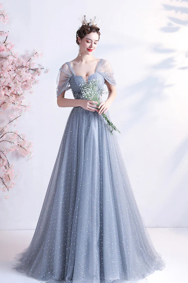 Elegant Gray Tulle Long Prom Dress Off the Shoulder Formal Evening Dress