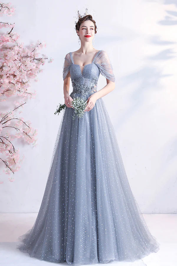 Elegant Gray Tulle Long Prom Dress Off the Shoulder Formal Evening Dress