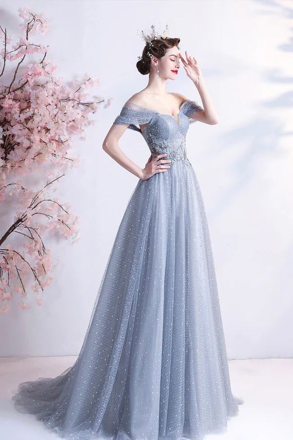 Elegant Gray Tulle Long Prom Dress Off the Shoulder Formal Evening Dress