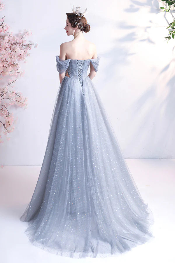 Elegant Gray Tulle Long Prom Dress Off the Shoulder Formal Evening Dress