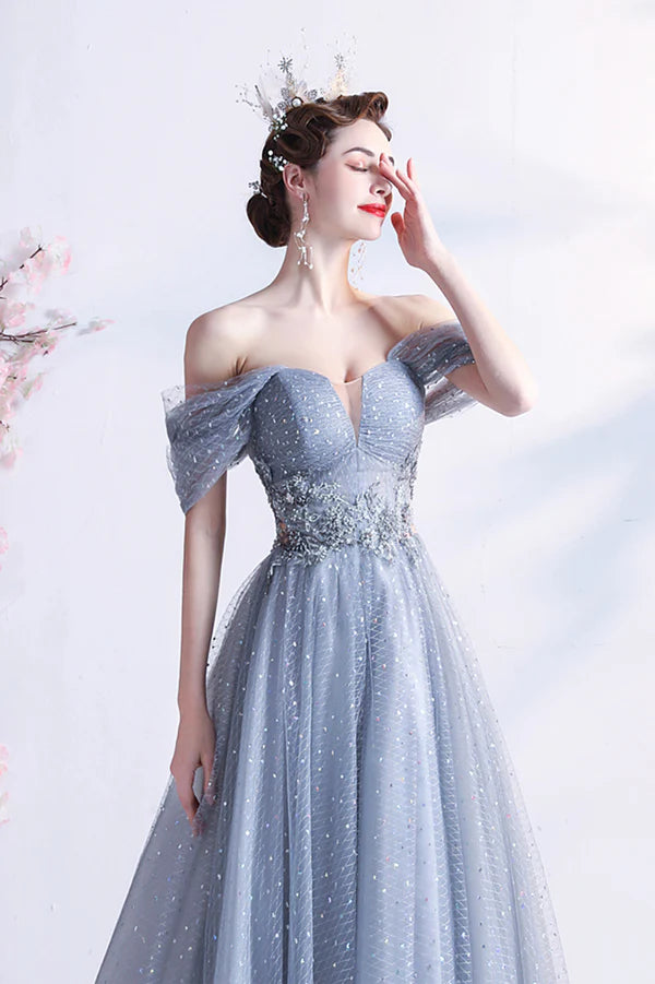 Elegant Gray Tulle Long Prom Dress Off the Shoulder Formal Evening Dress