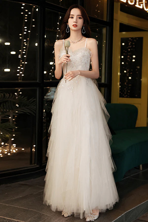 Champagne Spaghetti Strap Long Prom Dress