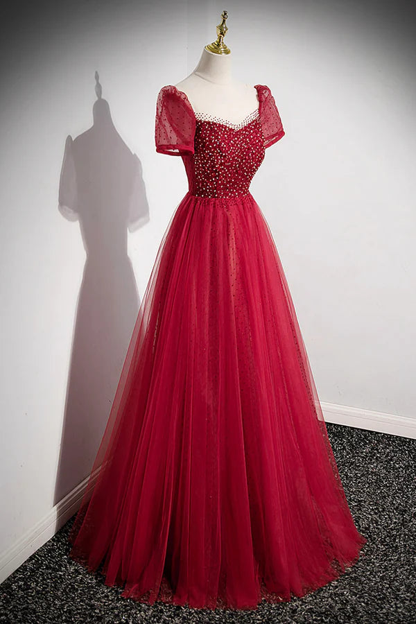 Red Scoop Neckline Tulle Formal Dress with Beaded A-Line Short Sleeve Party Dress