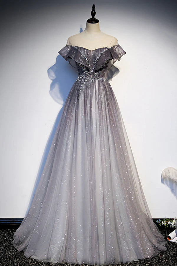 Gray Scoop Neckline Tulle Long Formal Dress A-Line Evening Graduation Dress