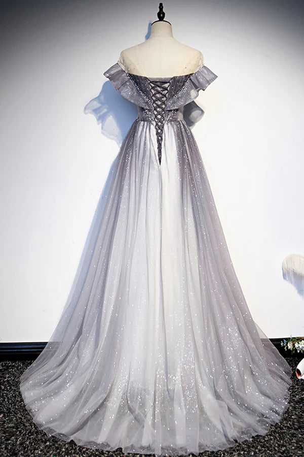 Gray Scoop Neckline Tulle Long Formal Dress A-Line Evening Graduation Dress