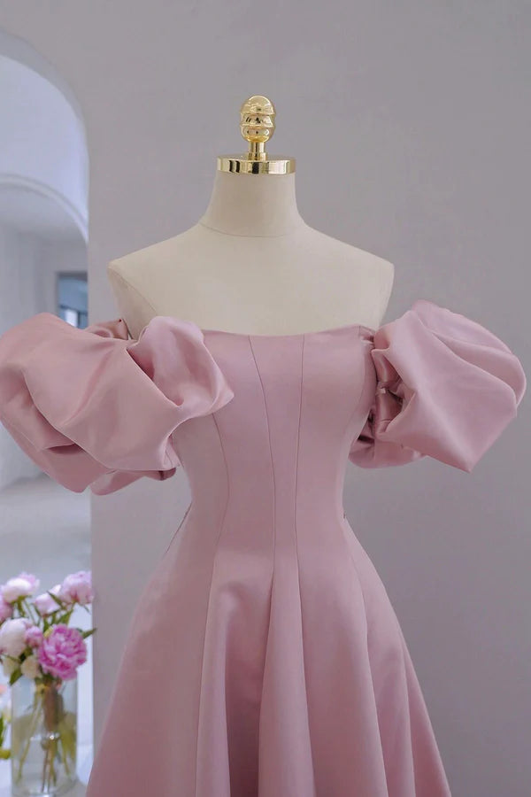 Pink Satin Long A-Line Prom Dress Pink Puff Sleeves Formal Evening Dress