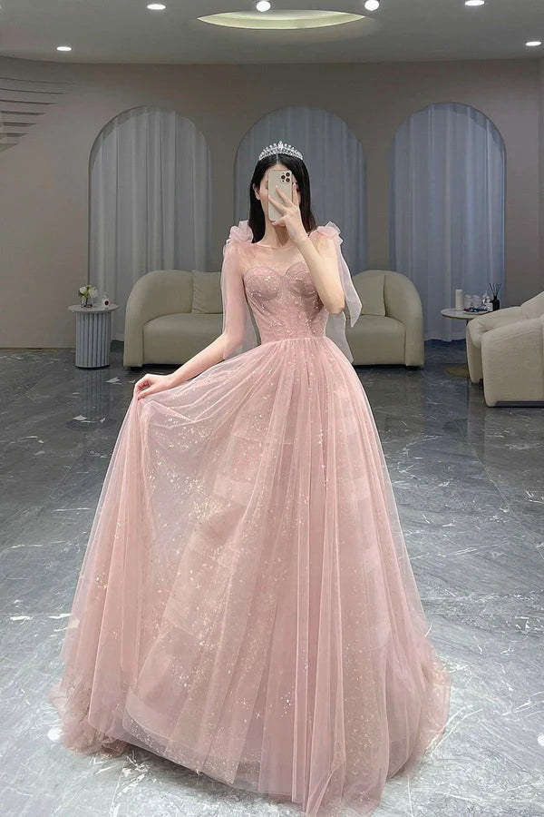 Pink Scoop Tulle Long A-Line Prom Dress Cute Pink Graduation Dress
