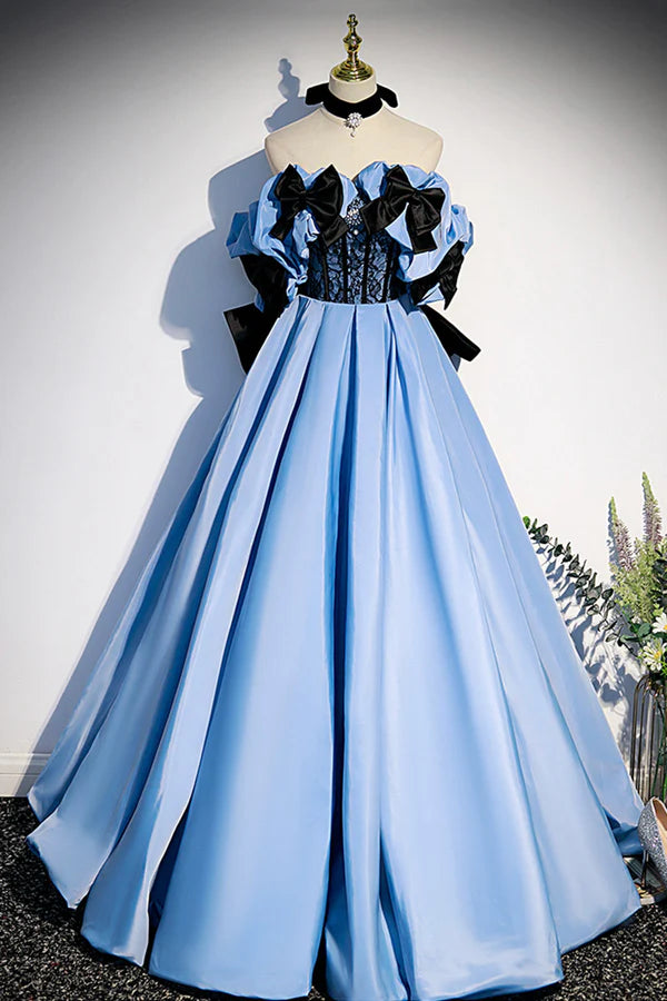 Blue Satin Long Prom Dress Off the Shoulder Formal Evening Dress