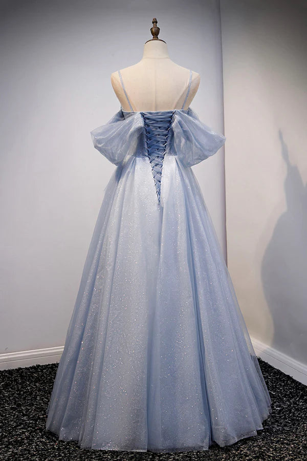 Spaghetti Straps Blue Tulle Long Prom Dress Off the Shoulder Evening Dress