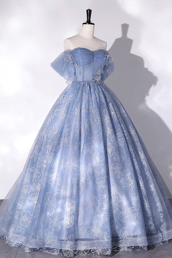 Blue Tulle Lace Long Ball Gown Off the Shoulder Formal Evening Gown