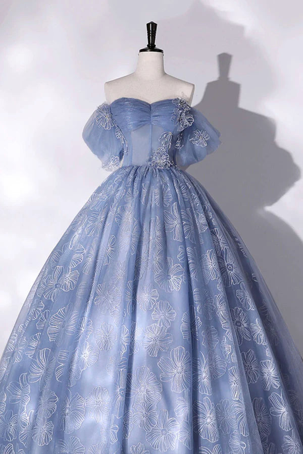 Blue Tulle Lace Long Ball Gown Off the Shoulder Formal Evening Gown