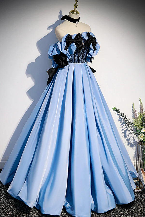 Blue Satin Long Prom Dress Off the Shoulder Formal Evening Dress