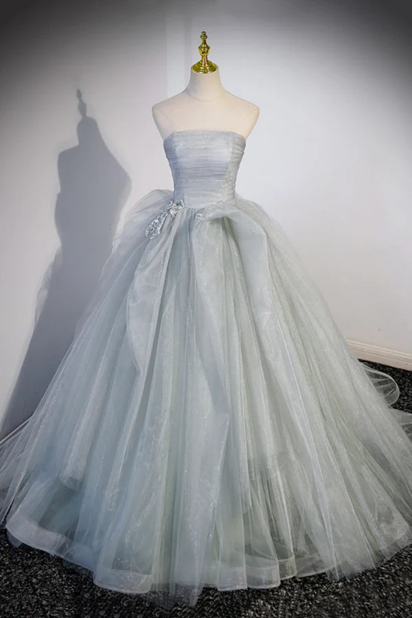 Gray Strapless Long Formal Dress Gray Tulle Evening Dress Party Dress