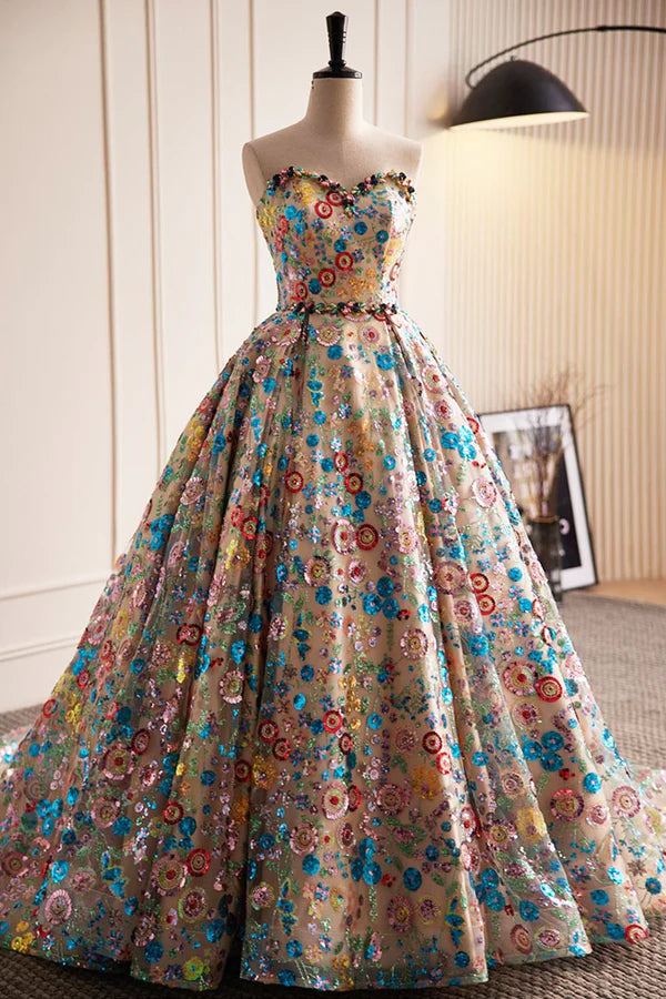 Lovely Sweetheart Floral Sequin Long Prom Dress A-Line Strapless Evening Dress